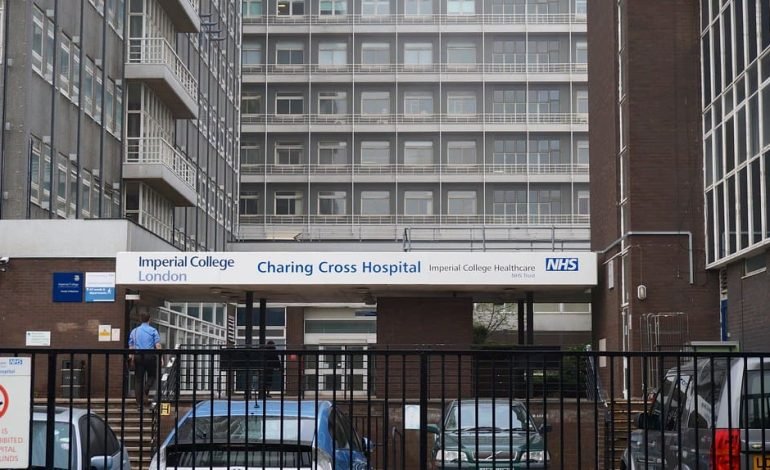 Front view of Charing Cross Hospital, part of Imperial College Healthcare NHS Trust, showcasing the hospital building and entrance sign.