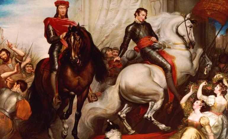 Painting depicting a historical scene from the about war and the "Shakespeare and War" exhibition at the National Army Museum