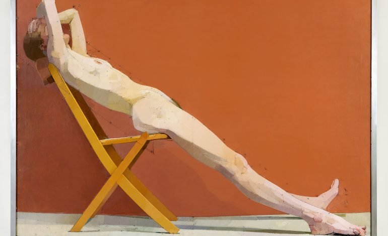 Painting titled 'The Diagonal' by Euan Uglow, created between 1971-1977, depicting a nude figure reclining on a yellow chair against a plain orange background. London Art Week.