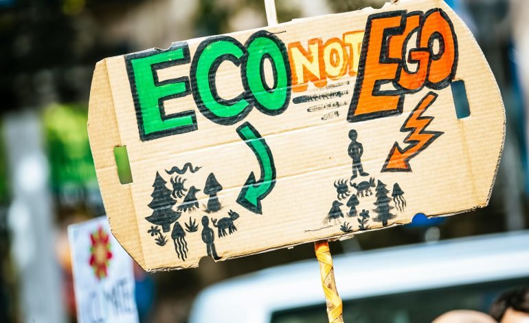 Sign reading 'Eco Not Ego' at a climate change rally, related to the Community Reporting initiative
