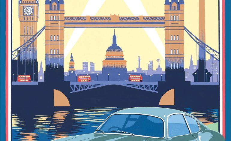 Pullman Editions poster of the 1960 London Motor Show featuring an Aston Martin DB4 GT Zagato, with iconic London landmarks in the background.