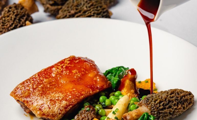 An image of Roast Gressingham Duck that showcase good French dining at Le Pont de la Tour.