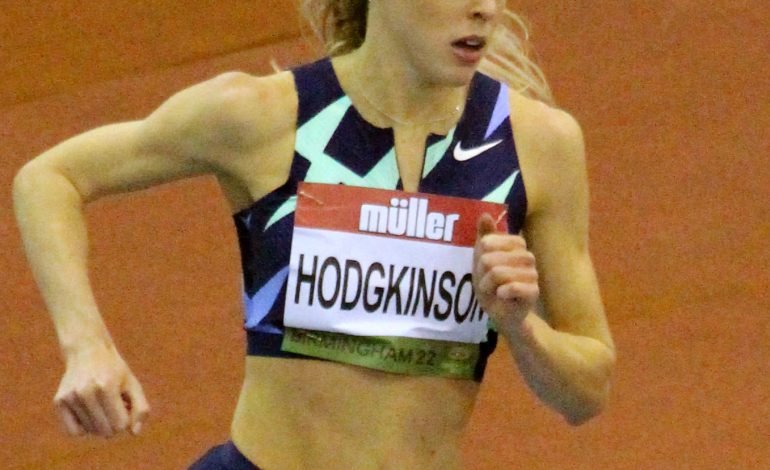 A photo of Keely Hodgkinson running for Team GB at the Olympics.