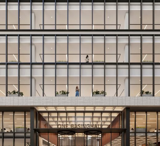 Rendering of the modern facade of One Basinghall, showcasing the building's glass exterior and entrance lobby, with people walking and engaging with sustainable office space - courtesy of The City of London Corporation.