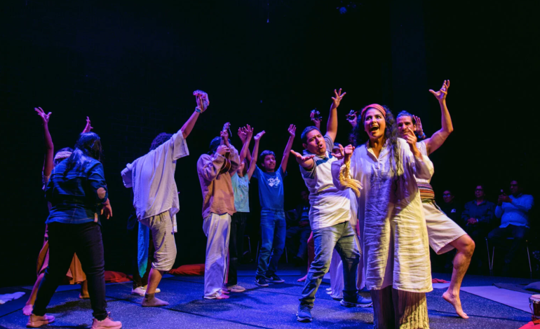 Actors and participants take part in a theatre game workshop as part of one of Flute Theatre's Productions
