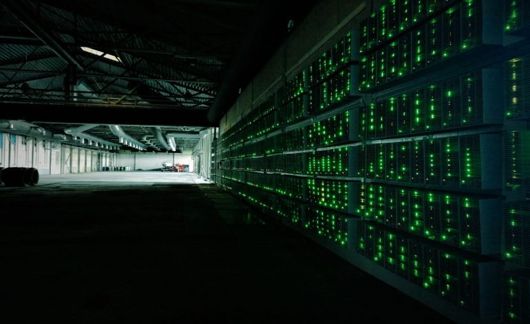 Bitcoin miners in a high tech mining facility with glowing green lights, showcasing the advanced infrastructure used in cryptocurrency mining.
