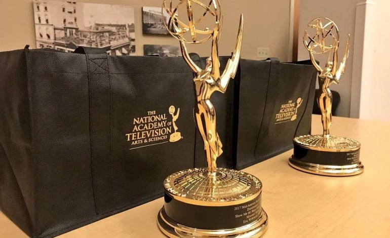 Emmy Awards trophies displayed on a table, symbolizing Shogun’s lead in the Emmy race with historic wins.
