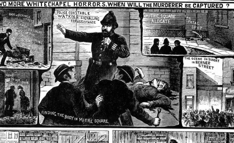Illustration of Jack the Ripper's crime scenes in Whitechapel, featuring Mitre Square and Berner Street, from the Illustrated Police News, highlighting dark tourism in London.
