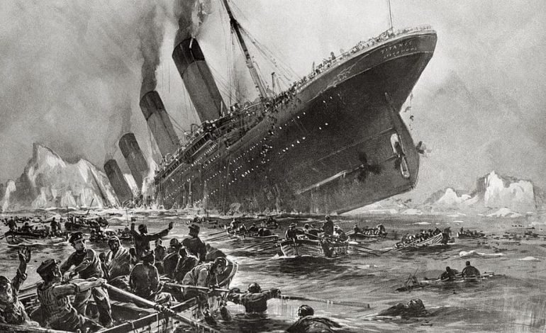 Illustration of Titanic Sinking with Lifeboats in the Foreground, Depicting the Historic Maritime Disaster