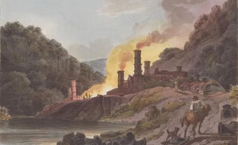 Britain’s early climate crisis warnings depicted in Iron Works of Coalbrookdale by Philippe Jacques de Loutherbourg, 1805.