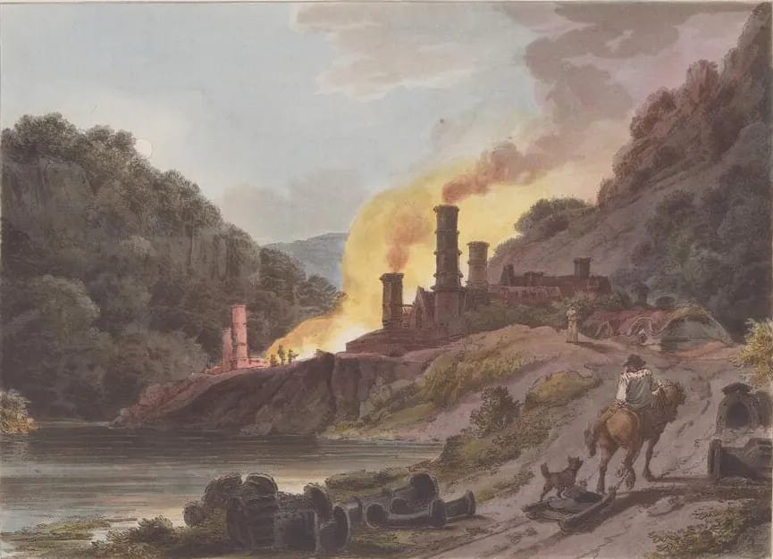 Iron Works of Coalbrookdale in The Romantic and Picturesque Scenery of England and Wales, Philippe Jacques de Loutherbourg, 1805 The Huntington Library, Art Museum and Botanical Gardens