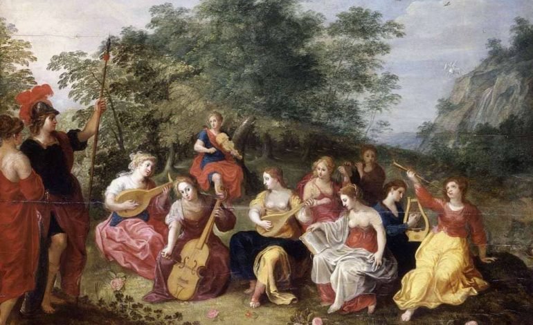 Minerva and the nine muses, showcasing the history of the muses in Greek mythology as symbols of creativity and inspiration.Hendric Van Balen