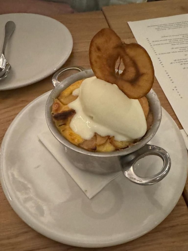 Bread Pudding with Challah Cubes, Crème anglaise, Caramelised Apple with Cinnamon and Clotted Cream Ice Cream