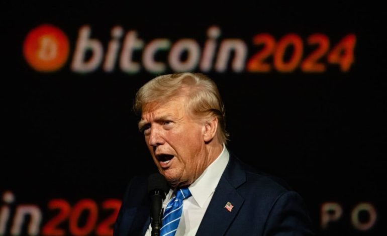 Donald Trump speaks at an event as Bitcoin surges past $100,000, reflecting his administration's pro crypto policies.