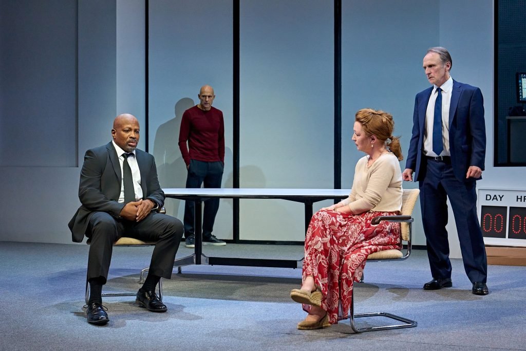 Oedipus Gary McDonald as Driver, Mark Strong as Oedipus, Lesley Manville as Jocasta and Michael Gould as Creon. Credit Manuel Harlan