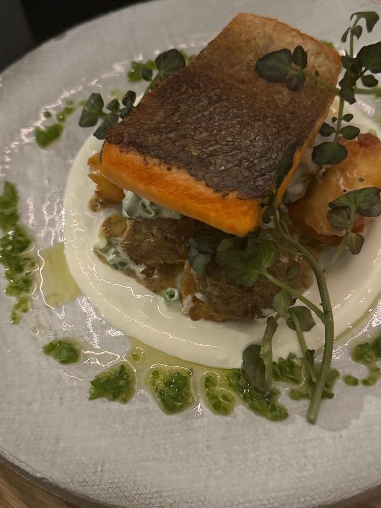 Smoked Pink Trout with Potato Salad, Green Beans, Scallions, White Horseradish Cream