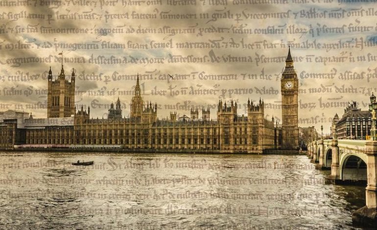 UK Parliament and Big Ben with overlaid text symbolizing the debate over a written British constitution, as discussed in Gresham College's lecture.