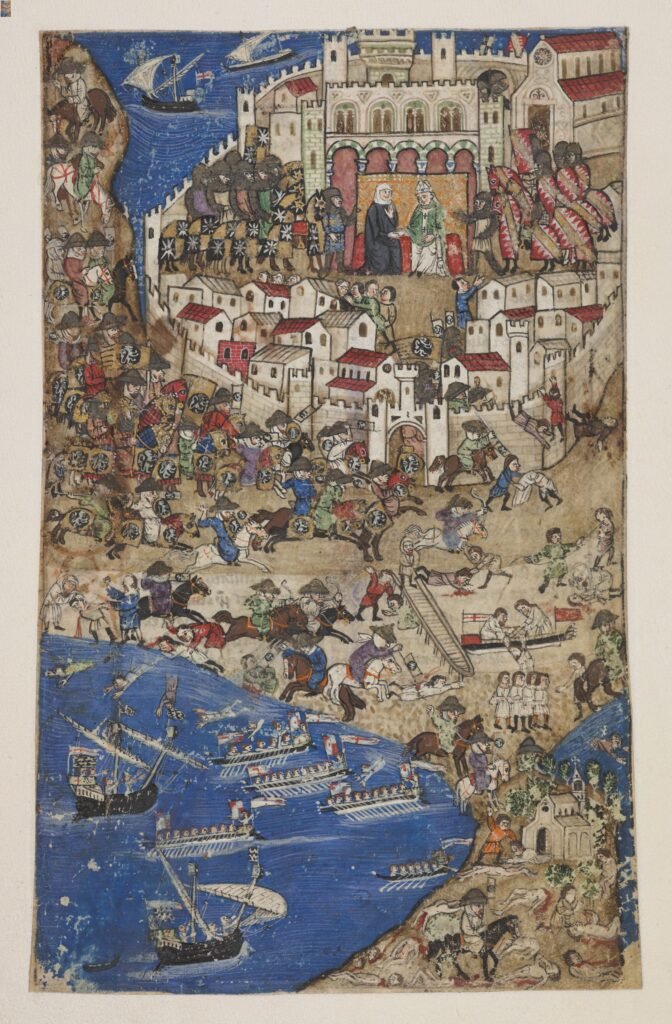 4. An illustration of the Fall of Tripoli in 1289, showing Lucia, Countess of Tripoli sitting in the centre of the fortified city (Add MS 27695, f. 5r)