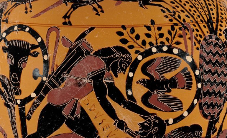 Ancient Greek vase depicting Odysseus slaying Diomedes, showcasing scenes from The Odyssey