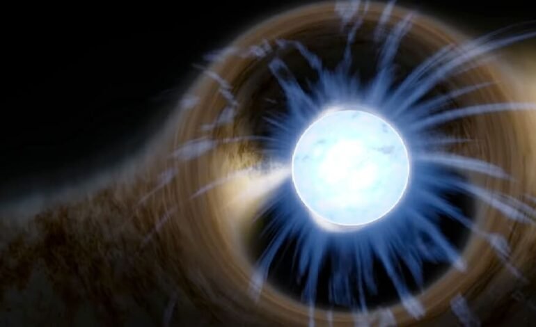 Artist's impression of a newly discovered neutron star emitting radio waves