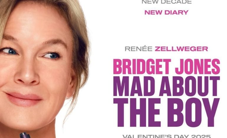 Bridget Jones Mad About the Boy movie poster featuring Renée Zellweger with a pen, promoting the film's Valentine's Day 2025 release