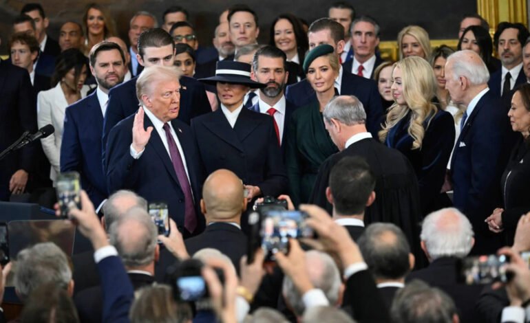 Donald Trump taking the oath of office as he begins his presidency and initiates the process to withdraw the US from the World Health Organization