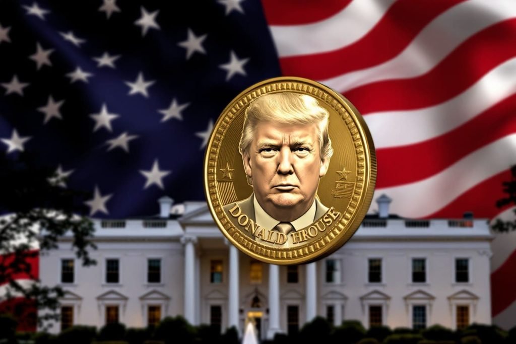 Gold coin featuring Donald Trump in front of the White House and American flag, symbolising modern use of coins for propaganda and branding.