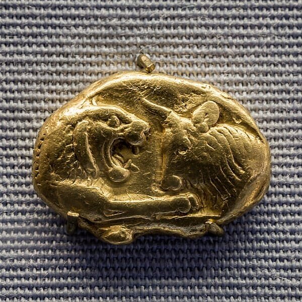 Lydia king Kroisos 561 546 BC gold stater foreparts of lion and bull two quadrata incusa München SMS