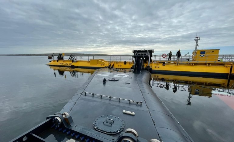 Orbital Marine Power’s O2 turbine floating in Orkney, Scotland, harnessing tidal power for sustainable energy.