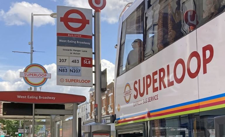 Superloop 2 express bus service at West Ealing Broadway bus stop in London, part of TfL's rapid outer London transport network expansion
