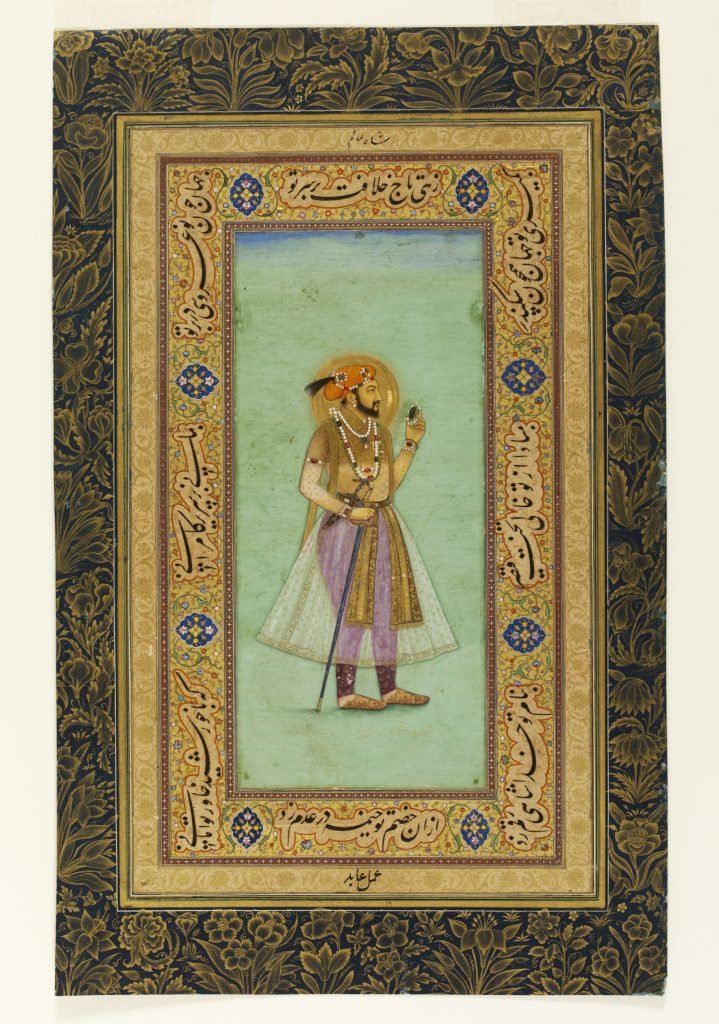 1. Portrait of Shah Jahan holding an emerald by Muhammad 'Abed, borders by Harif, c. 1628. Opaque watercolour and gold on paper. © Victoria and Albert Museum, London