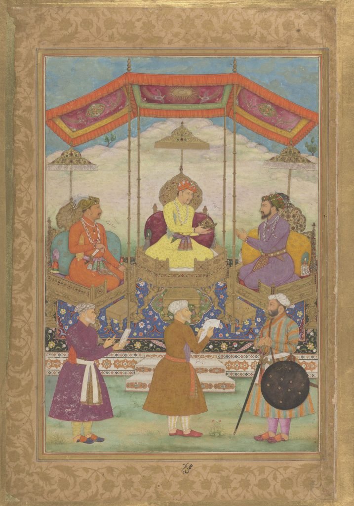 2. Akbar handing the imperial crown to Shah Jahan in the presence of Jahangir, Bichitr. © CC BY – 4.0. Chester Beatty, Dublin