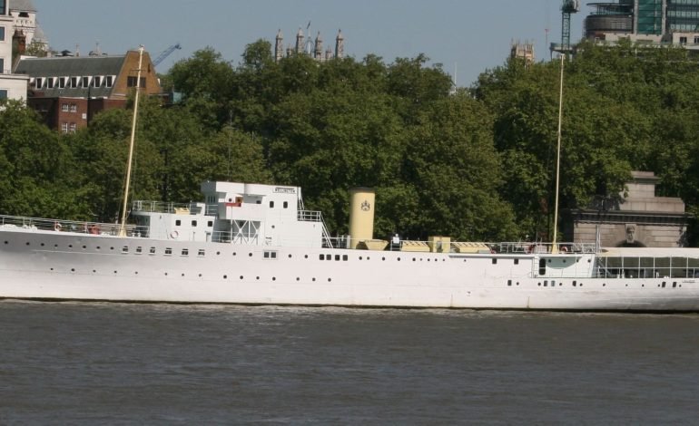 HMS Wellington docked at Victoria Embankment, London, the last surviving WWII convoy escort ship in the UK, undergoing restoration by the Wellington Trust.