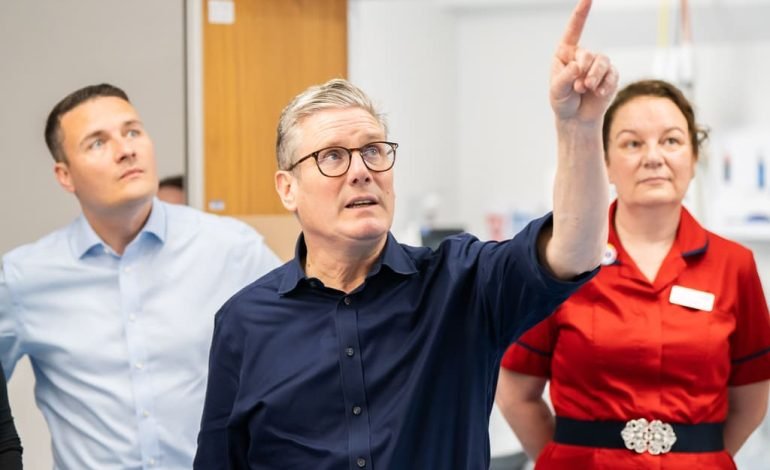 Labour Hits NHS target as the Prime Minister visits a hospital, engaging with medical staff to discuss improvements in patient care and waiting times.