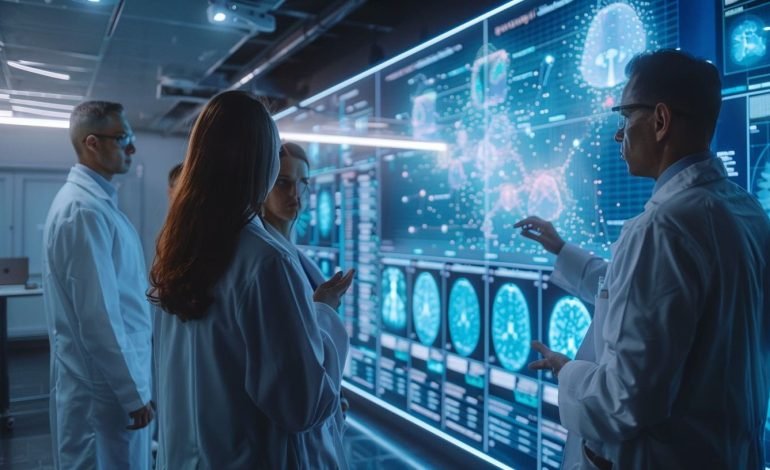 NHS AI breast cancer screening trial with doctors reviewing advanced diagnostic imaging to improve early detection and reduce radiologist workload.