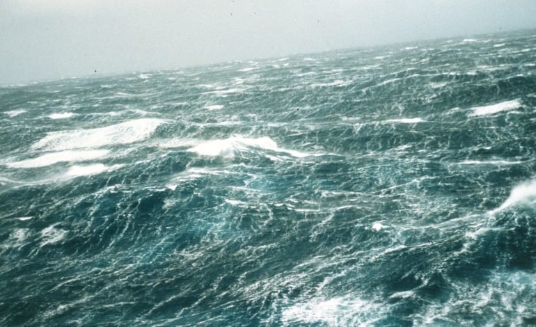 Stormy ocean waves in the Bay of Biscay during Storm Herminia, where a London father went missing