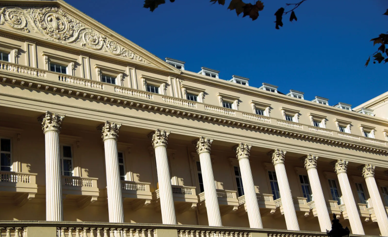 Royal Society headquarters in London housed in the historic Carlton House Terrace, showcasing its neoclassical architecture.