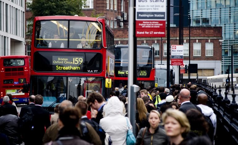 Crowds at Paddington bus stop during London Underground disruption caused by west London power cut