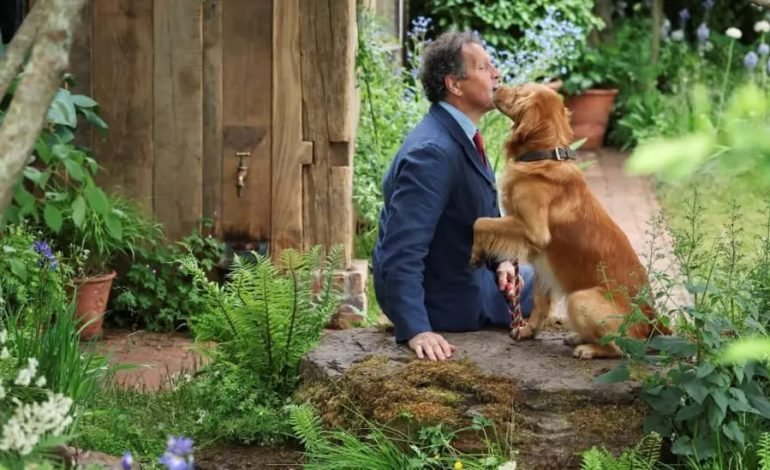 Monty Don with dog in Chelsea Flower Show 2025 dog friendly garden surrounded by lush plants and natural landscaping