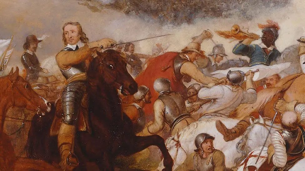 Painting of the Battle of Naseby featuring Oliver Cromwell leading Parliamentarian forces during the English Civil War