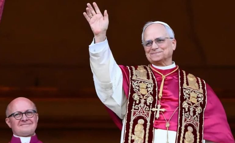 Pope Leo XIV greeting crowds from St Peter’s balcony following his election during the 2025 papal conclave
