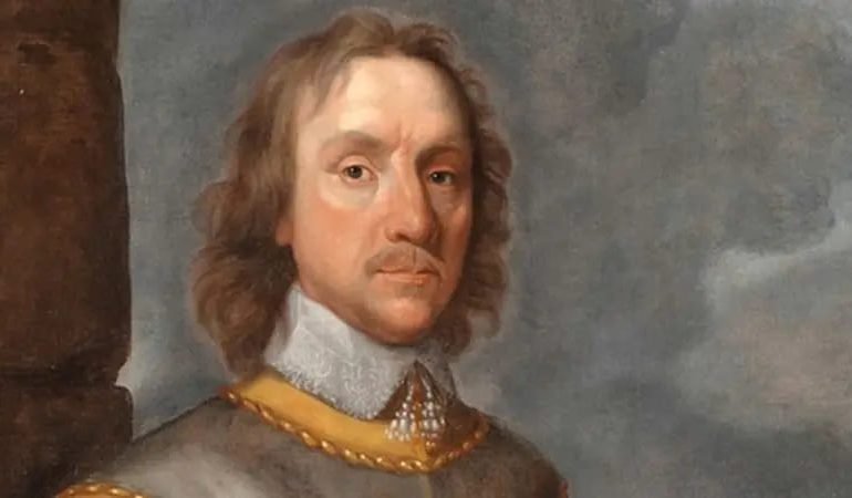 Portrait of Oliver Cromwell displayed in connection with the Battle of Naseby exhibition at the Cromwell Museum