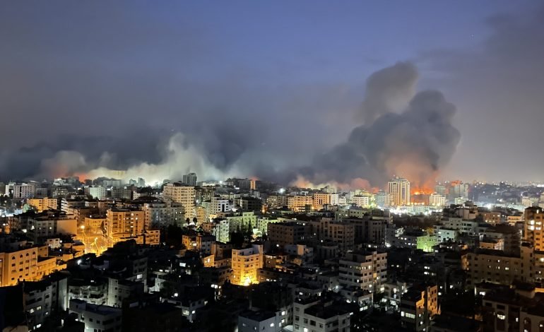 Smoke and flames rise over Gaza City during the Israel Gaza offensive 2025, following heavy airstrikes overnight.