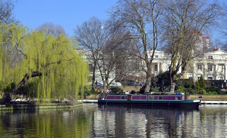 Canal boat moored at Little Venice during early spring ahead of the North Paddington Canalside Festival