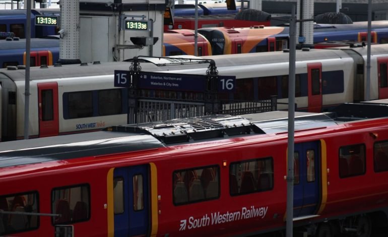 South Western Railway trains at London Waterloo station during major service disruption.