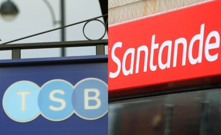 TSB Santander takeover as signs for both banks appear side by side, representing the £2.65bn UK merger