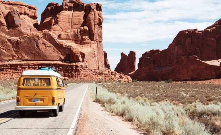 VW Bus on a road trip in Moab Utah