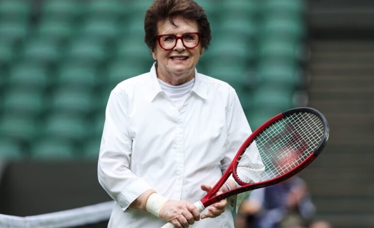 Billie Jean King holding a tennis racket at Wimbledon, symbolising gratitude and resilience in sport and life.