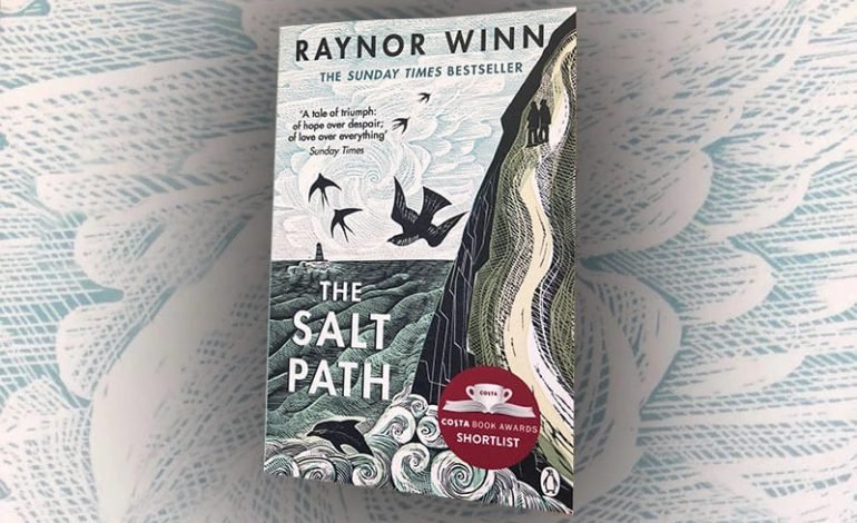 Cover of Raynor Winn's book The Salt Path featuring coastal artwork and Costa Book Awards shortlist badge