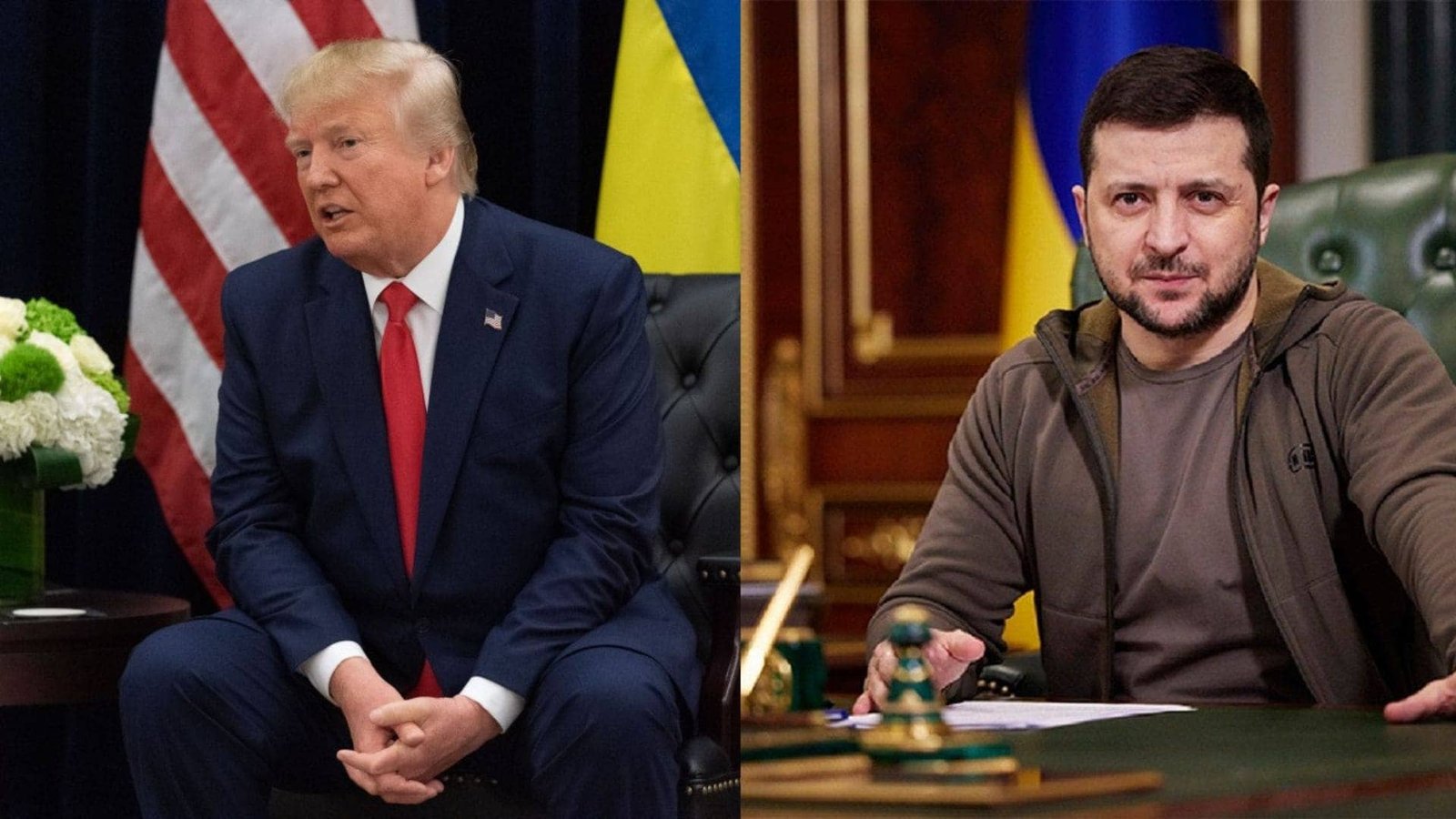 Trump and Zelensky in separate meetings, shown side by side with US and Ukraine flags in the background
